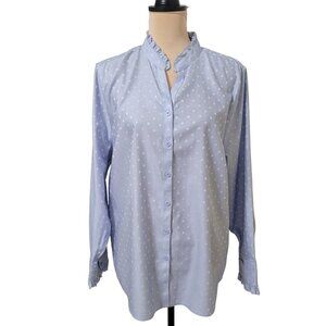 Chico's Size 3 (16) Blue Dot Ruffle Detail No Iron Long Sleeve Button Down Shirt